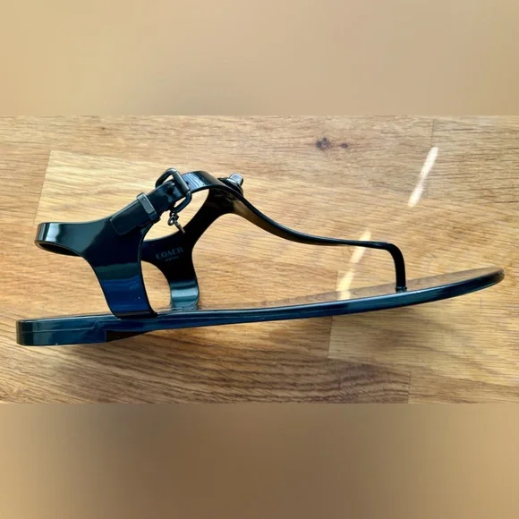Coach Glossy Black “Pelican” Jelly T-Strap Sandals - Picture 3 of 9